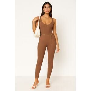 WeWoreWhat Belted Scoop Rib Knit Jumpsuit in Brown Size Small